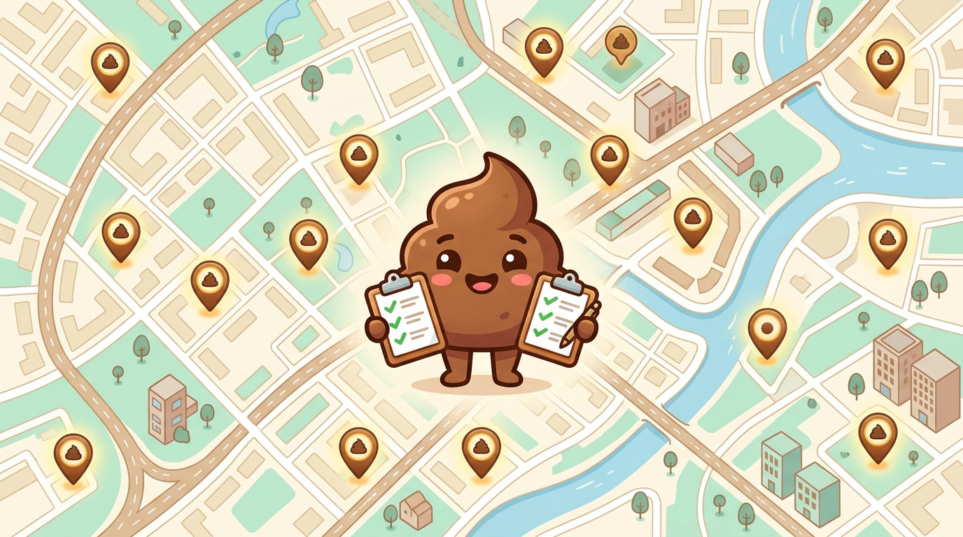 Poo-Log mascot standing on a city map dotted with bathroom location pins