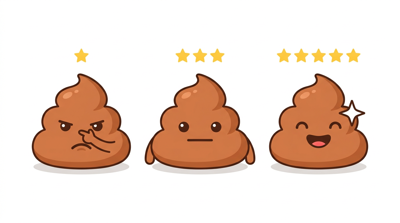 Three Poo-Log mascot ratings: one-star angry, three-star neutral, five-star delighted